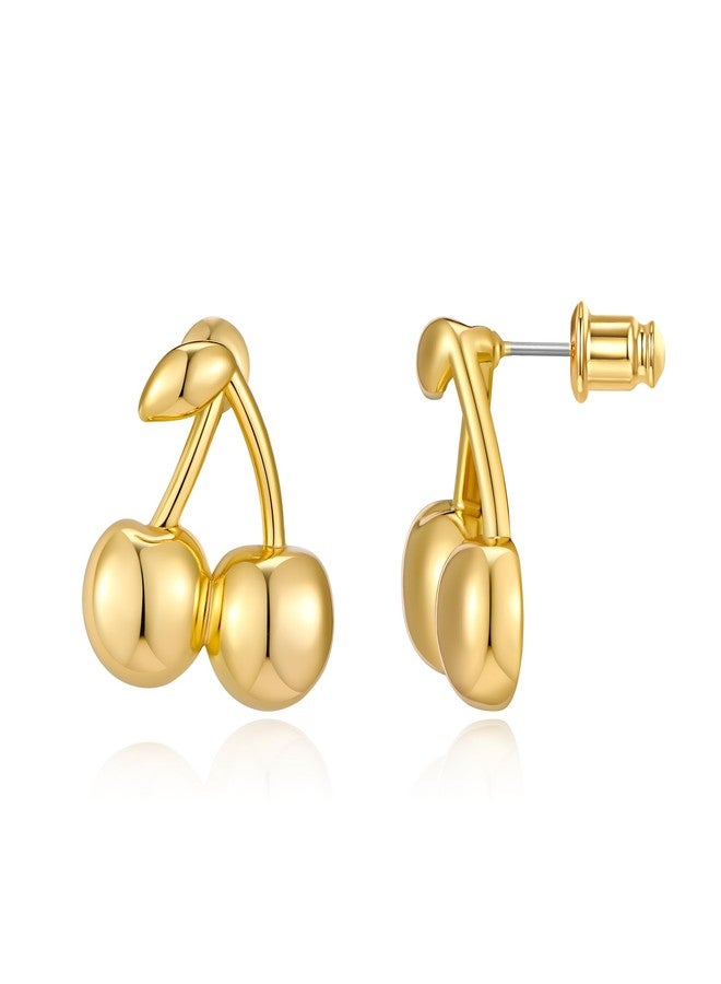 FAUTHENTICUTE Gold Cherry Stud Earrings For Women 14K Gold Plated Flat Back Earrings Cute Fruit Statement Earrings For Everyday - Image 1